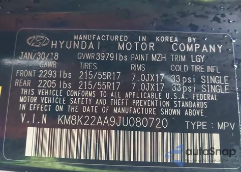 2018 Hyundai Kona Sel z USA, uszkodzony, nr VIN KM8K22AA9JU080720